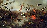 Martin Johnson Heade Canvas Paintings - Tropical Landscape with Ten Hummingbirds